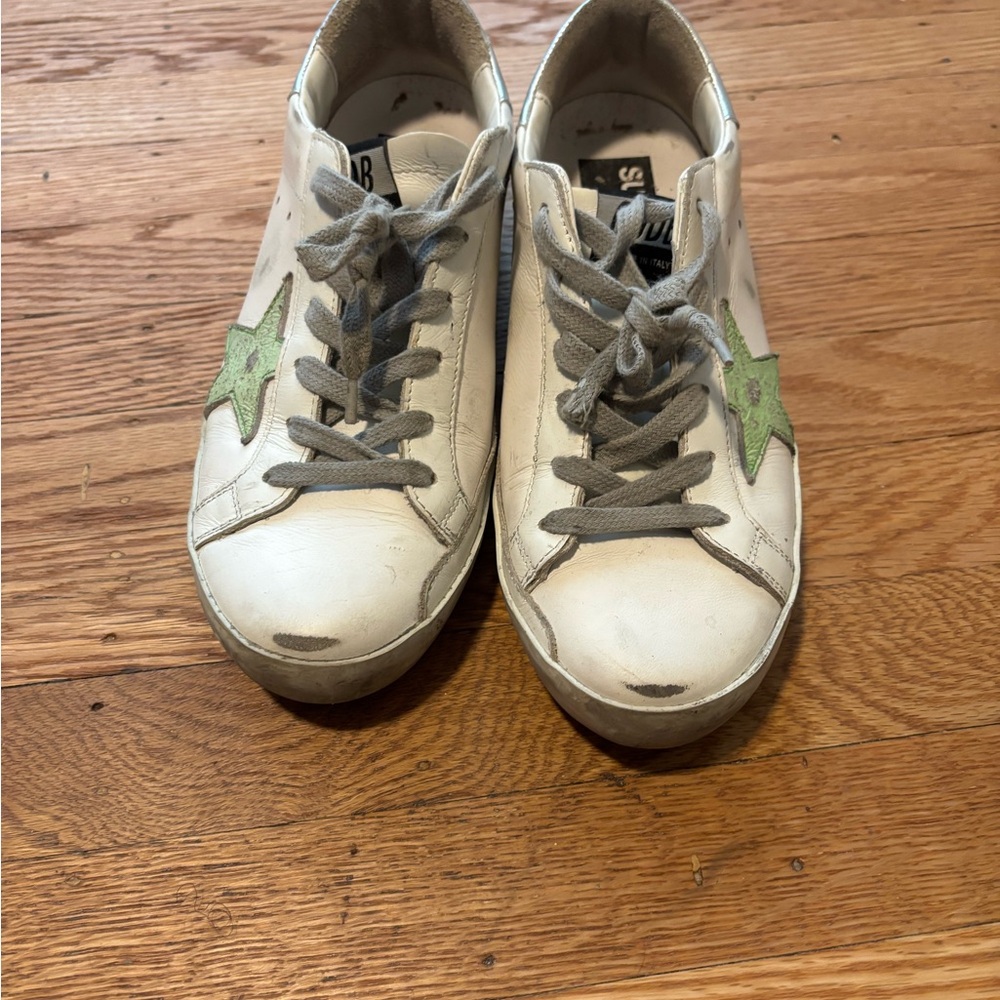 Golden Goose White and Green Sneakers
